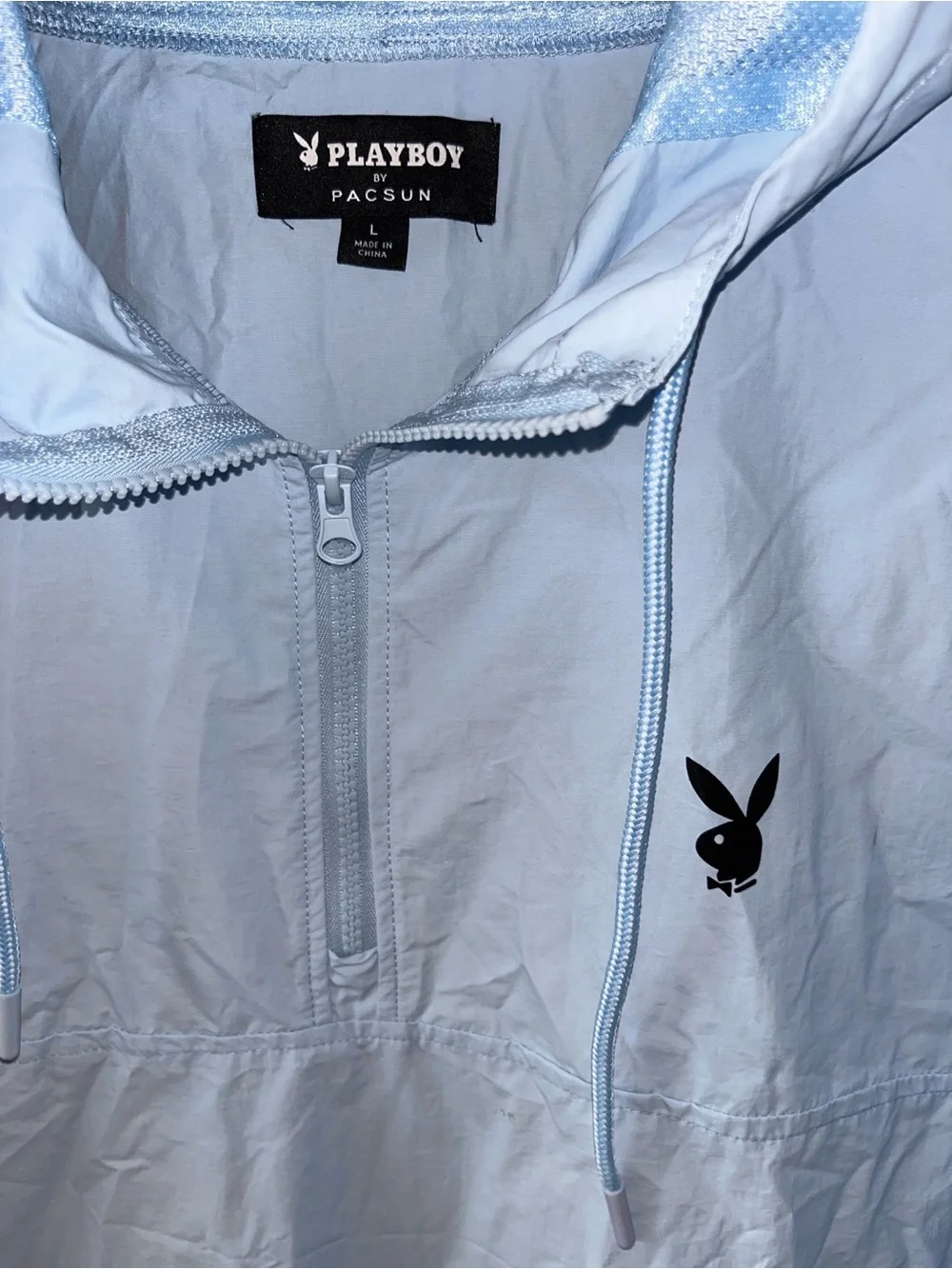 NWT PacSun Playboy 1/4 Zip Windbreaker Hoodie Sz Large Blue Nylon New $$